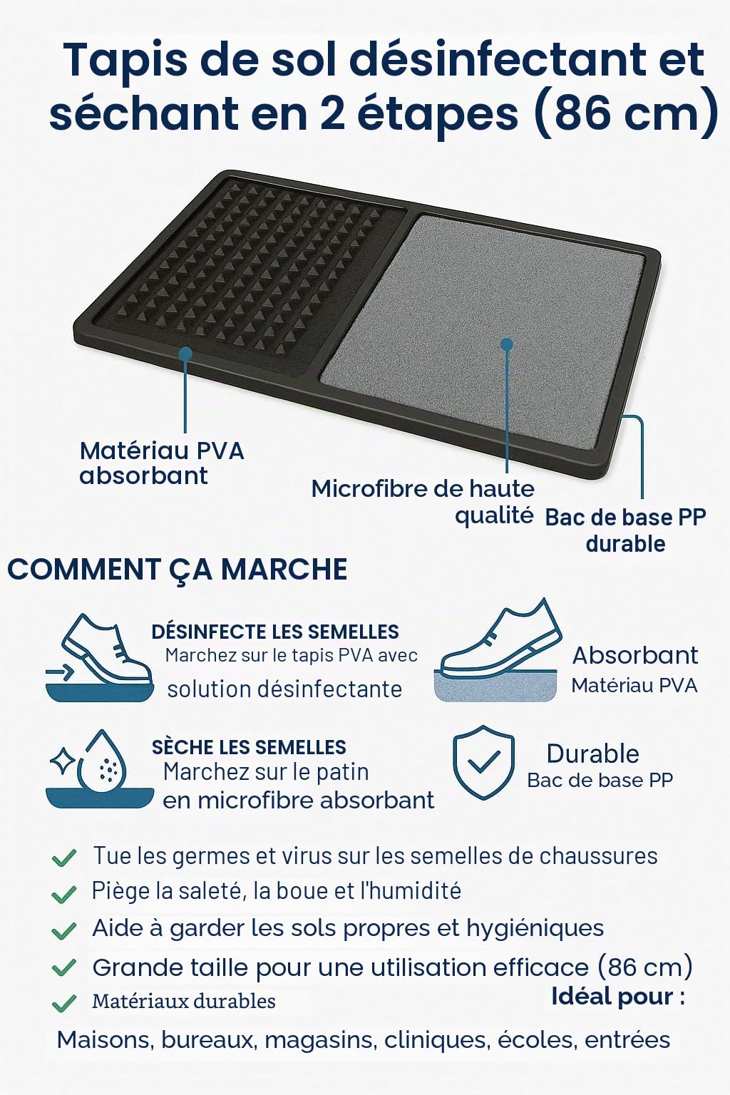 Tapis désinfectant pour chaussures, fabriqué en PVA (matière plastique), PP (polypropylène) et microfibre 86 cm