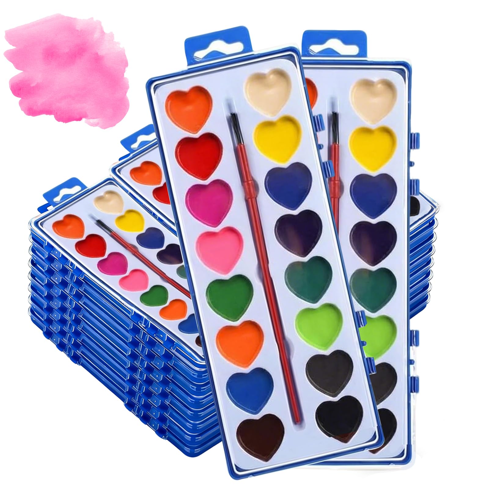 Shgxjjnb 24 Pack Heart Watercolor Paint Set with Paintbrush and 16 Colors for Kids, Valentines Party Favors Art, Classroom Gifts for Students Painting - 1