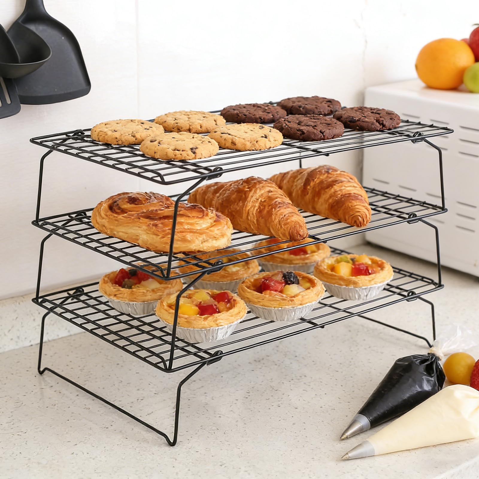 Lot de 6 grilles de refroidissement 40 x 25 x 7,5 cm en acier inoxydable empilable pour pâtisserie