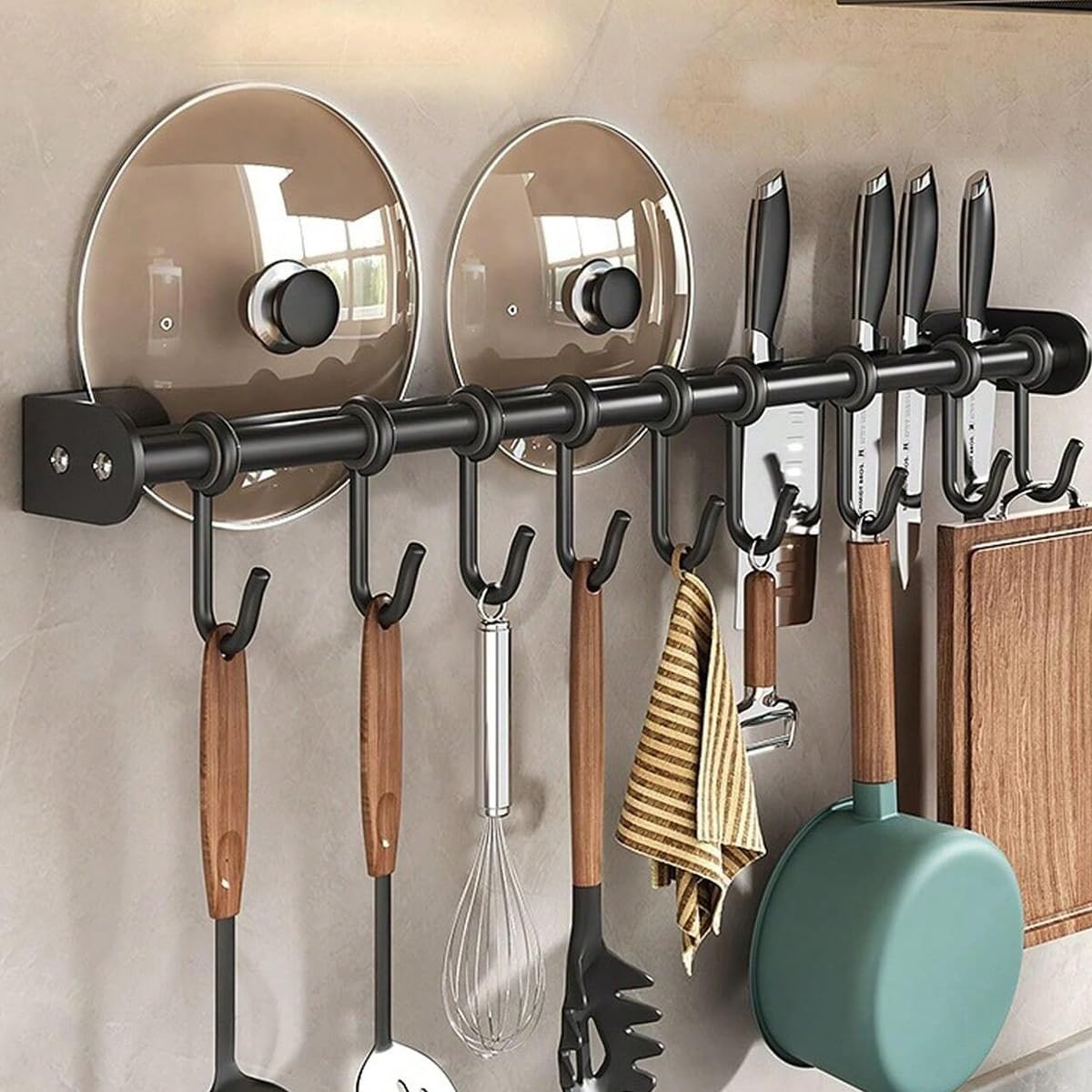 Black Wall-Mounted Kitchen Utensil Rack with 6 Adjustable Hooks Black Wall-Mounted Kitchen Utensil Rack with 6 Adjustable Hooks