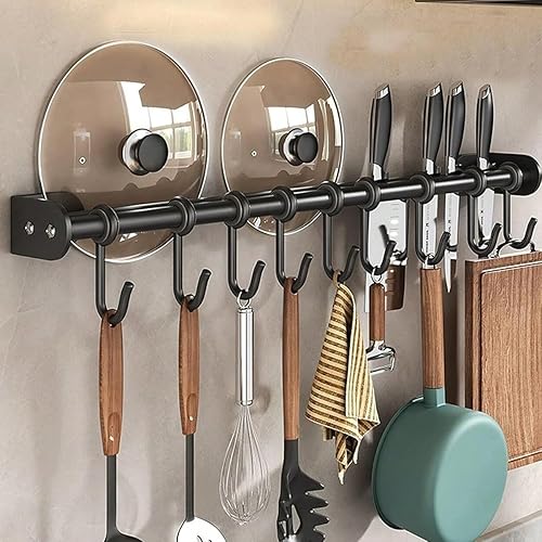 Moderno estante para utensilios de cocina, barra colgante de pared negra con 6 ganchos móviles, organizador de almacenamiento de metal de 15.75