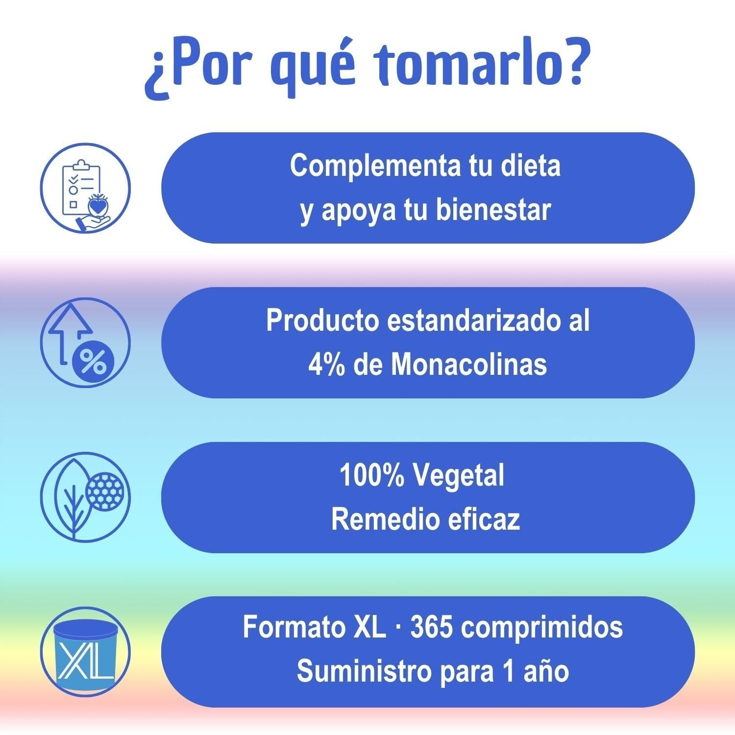 Levadura de Arroz Rojo con Monacolina K 2,56 mg por comprimido - 365 comprimidos - 1 año de suministro - 1 al día | Levadura nutricional - Complemento alimenticio vegetal - Masinmune
