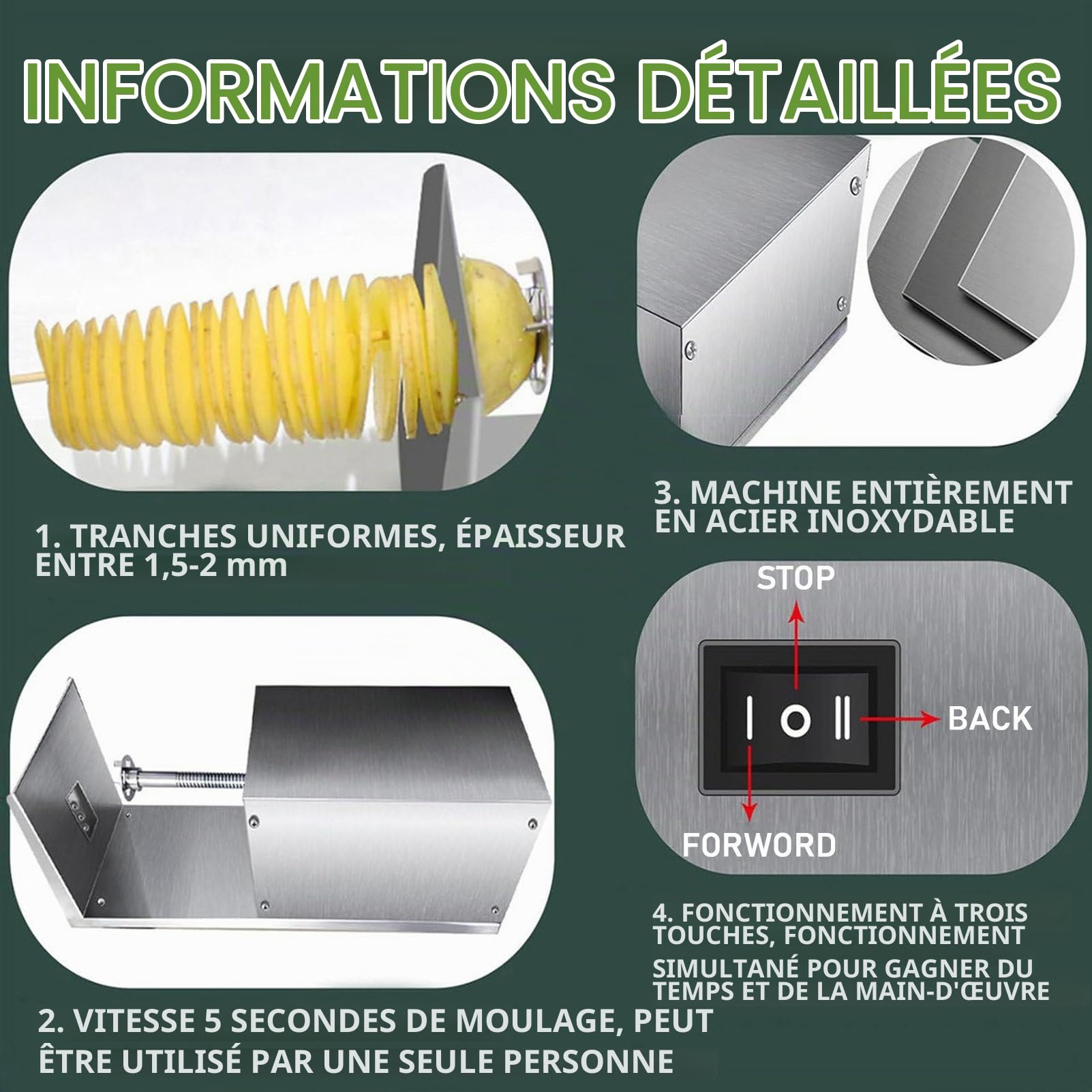 RayGenius Trancheur De Pommes De Terre Électrique en Spirale - Acier Inoxydable
