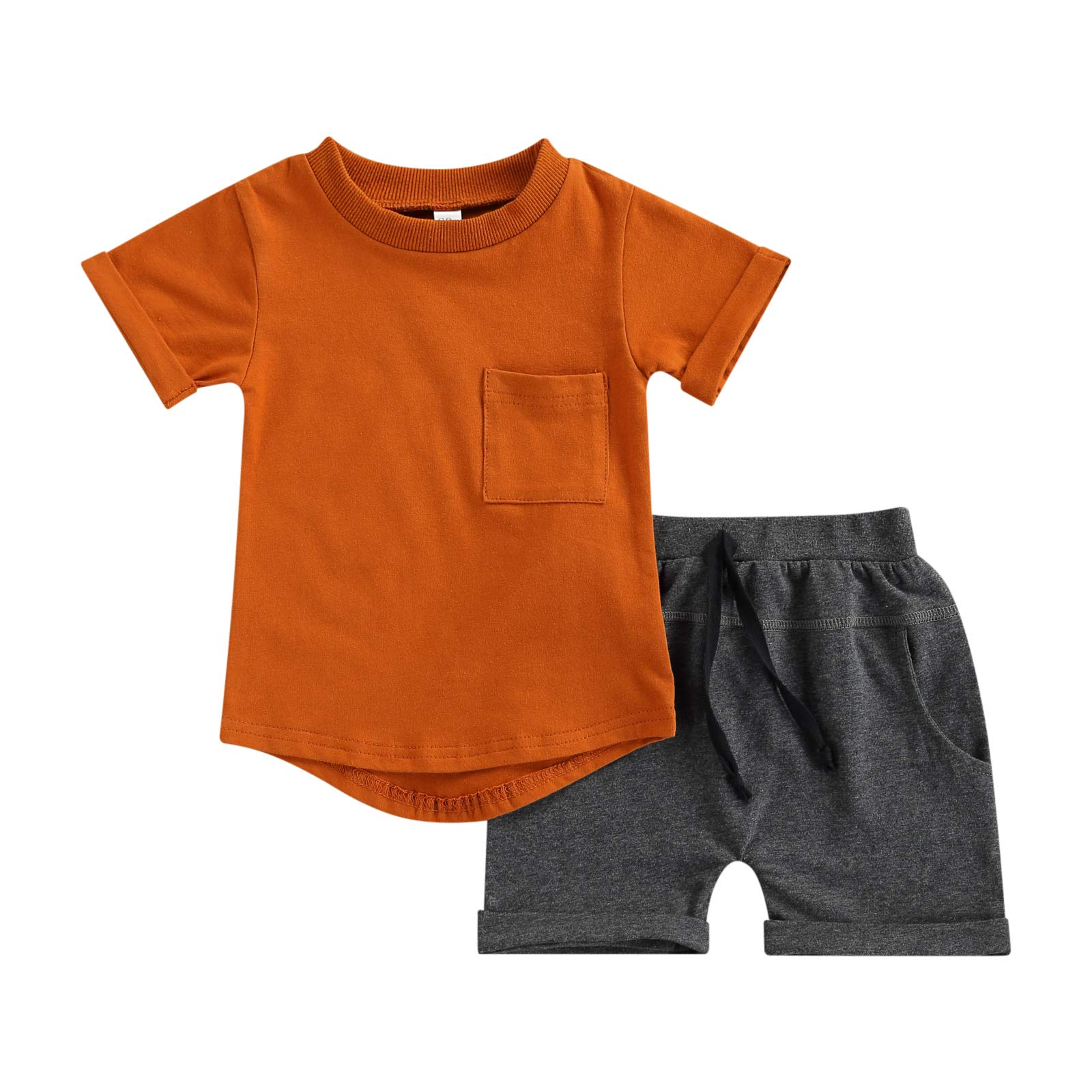 Muasaaluxi Infant Baby Boys Summer Shorts Set Short Sleeve T-shirt Pocket Top + Drawstring Shorts 2Pcs Summer Clothes Set (Khaki+Grey, 6-12M)