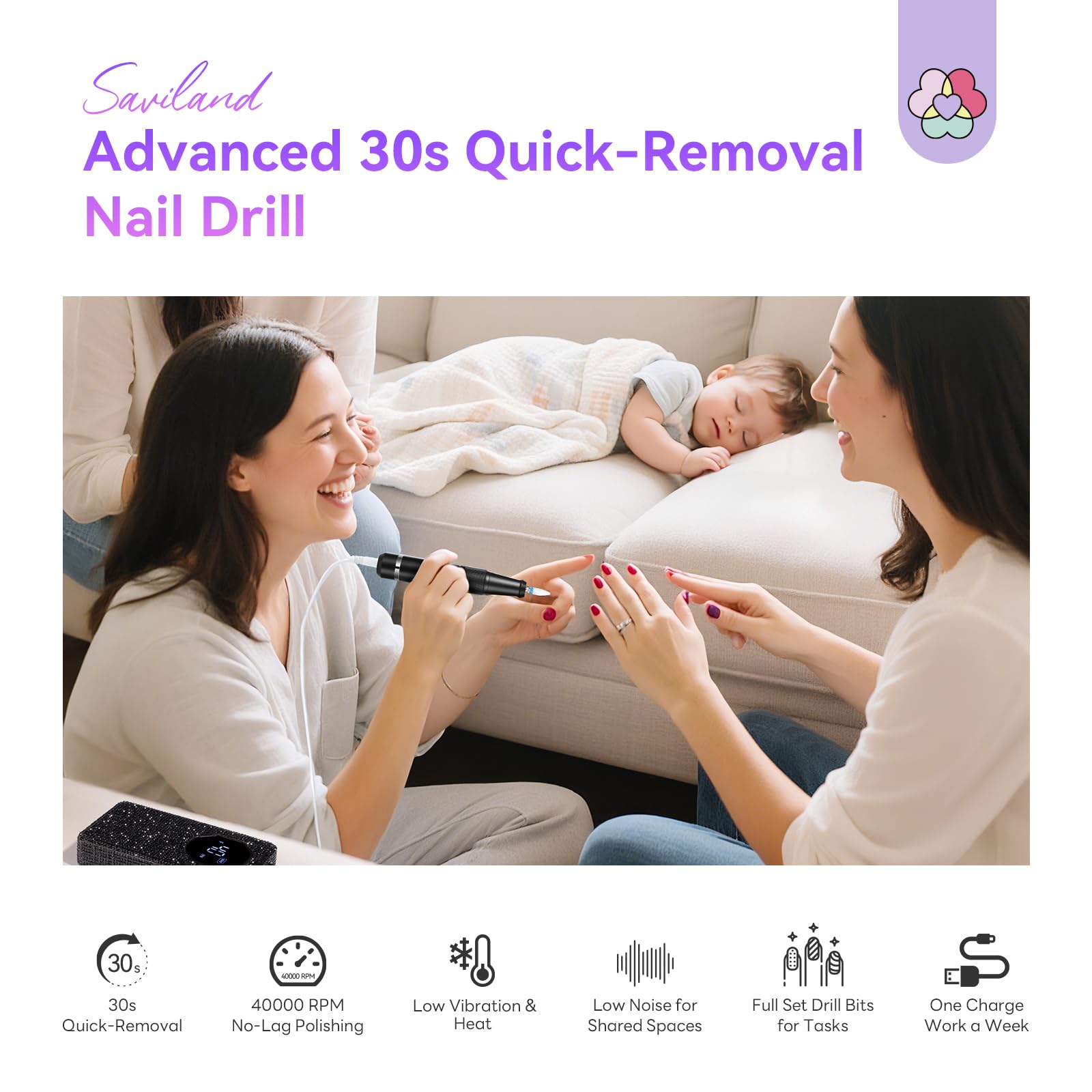 SAVILAND Elektrischer Nagelfräser Professionell 40000 U/min: 30S Schnelle Entfernung Wiederaufladbare Elektrische Nagelfeile für Acrylnägel & Gelnägel, Maniküre Pediküre Set für Salon Hause