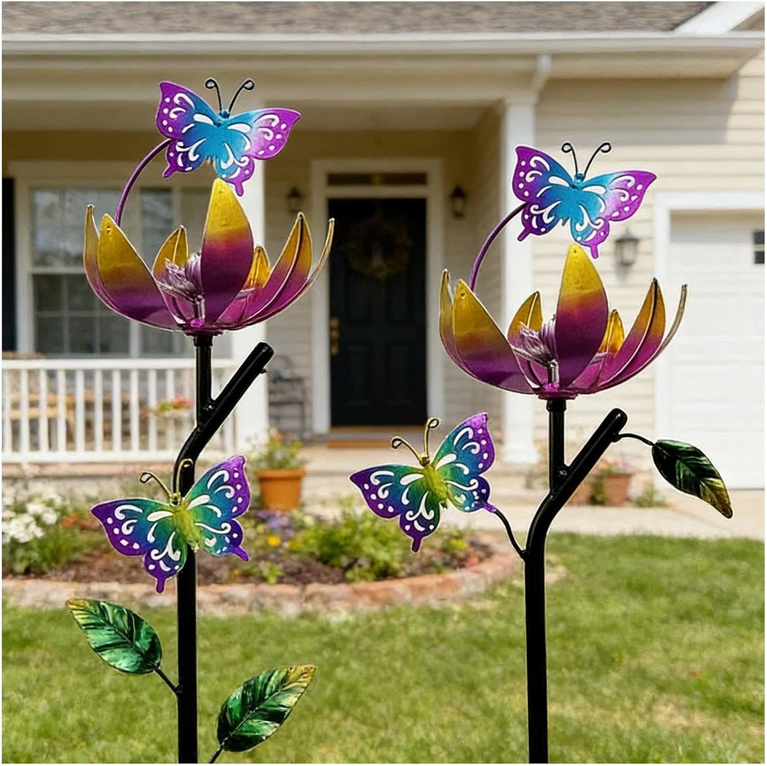 Butterfly Garden Wind Spinners, 46 inch/117cm Metal Kinetic Windmill 360° Metal Windmill, Yard Spinner for Yard, Gift for Family Friends,B（2Packs）