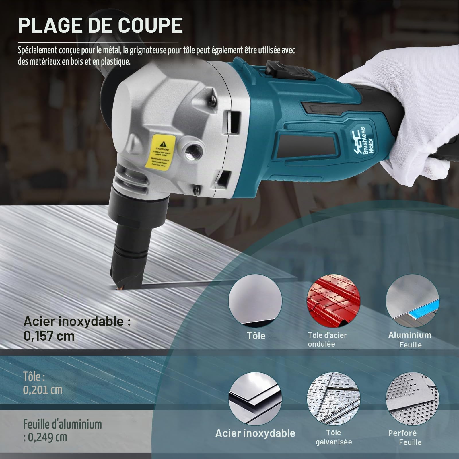 Grignoteuse Électrique de tôle Compatible Avec Batterie Makita 18V, 800W Grignoteuse De Métal Sans Fil moteur Sans Balais, 2200 TR/Min Max, Tête de Coupe orientable 360°, Outil de Découpe du Métal