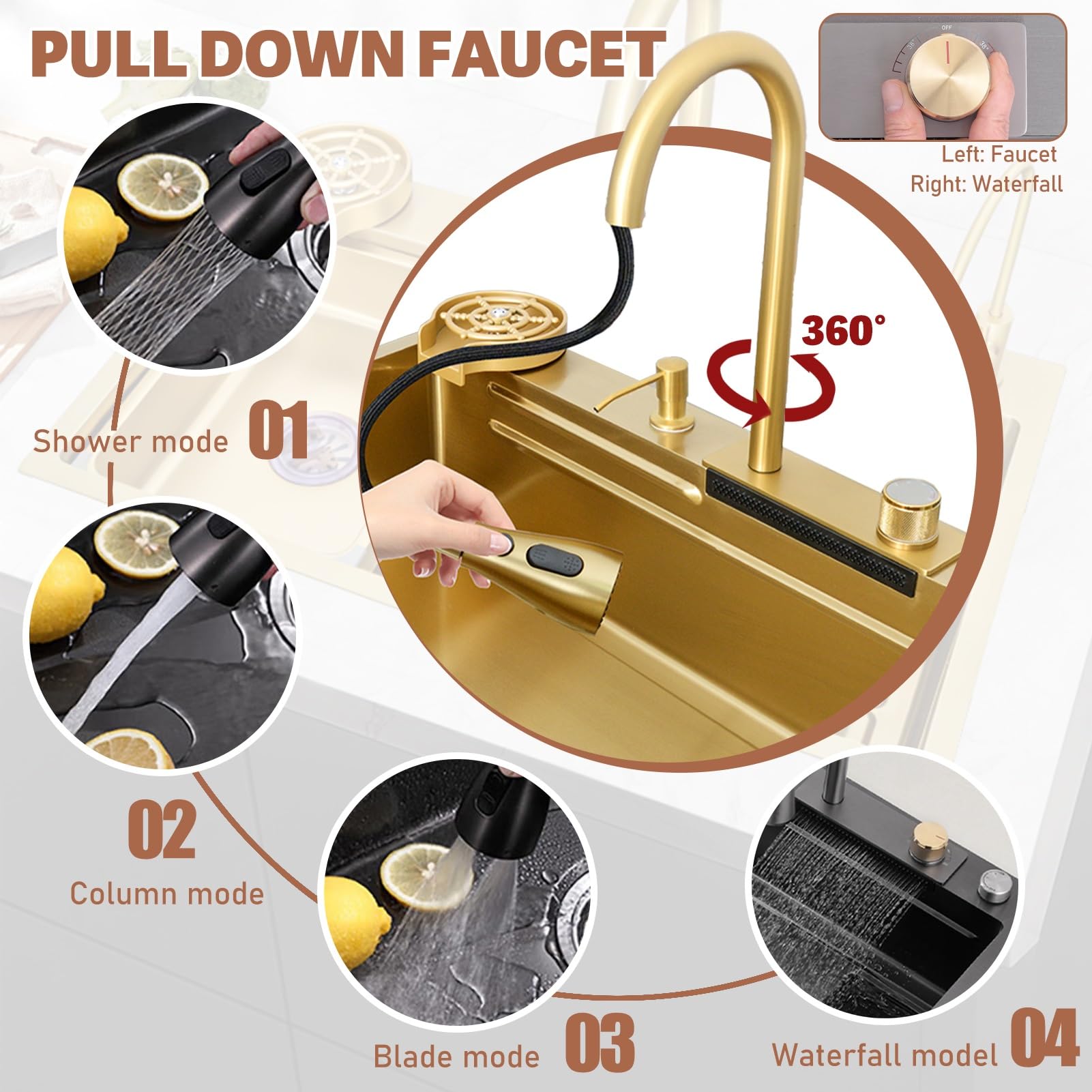 Multifunktionale Küchenspüle Aus Edelstahl Mit Wasserfall-Effekt, Große Arbeitsstationsspüle, Einzelbecken-Spüle Mit Aufsatzmontage, Mit Abflussknopf Und Komplettem Zubehör(Gold,68x45x22cm)