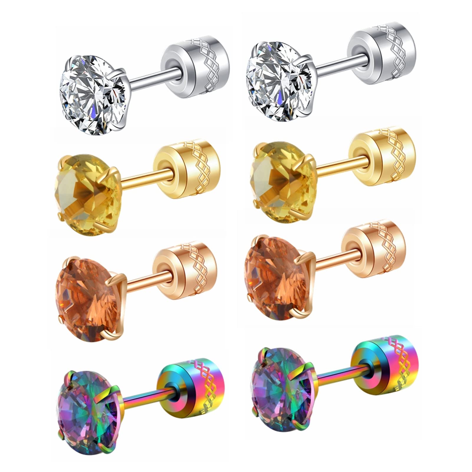 Hopply 4 Pairs Titanium Screw Back Surgical Stainless Steel Earrings for Women Men,Rainbow 5A Cubic Zirconia Studs Double Side Earrings Piercing Sleeper Jewelry 6mm