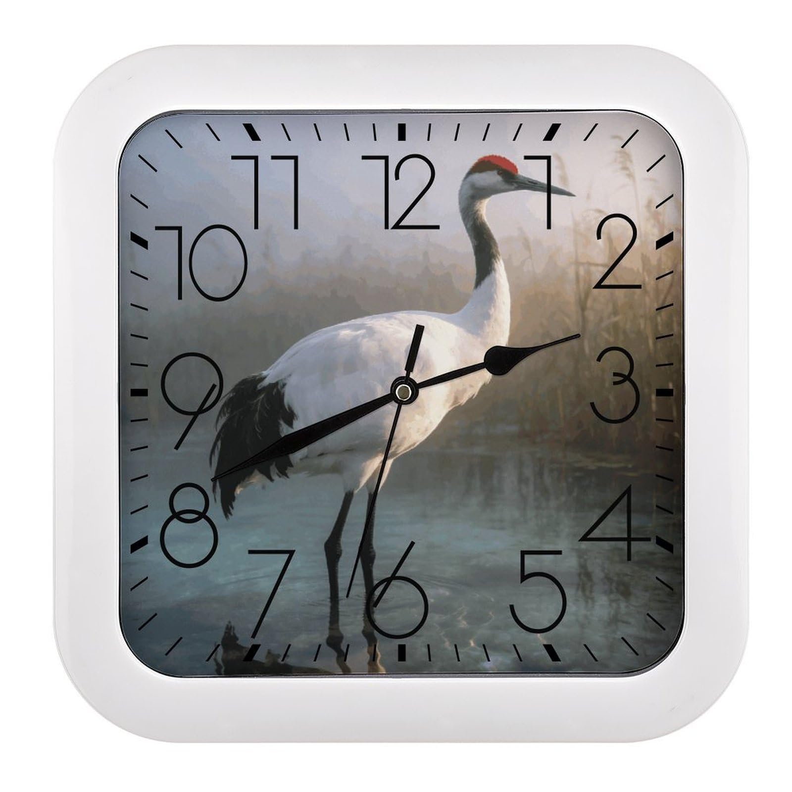 LZQPOEAS Majestic Crane Square Wall Clock, 10.2 Inch Battery Operated Silent Non-Ticking Wall Clock, Square Analog Decorative Clock for Home Wall Art, Living Room, Bedroom, and Office