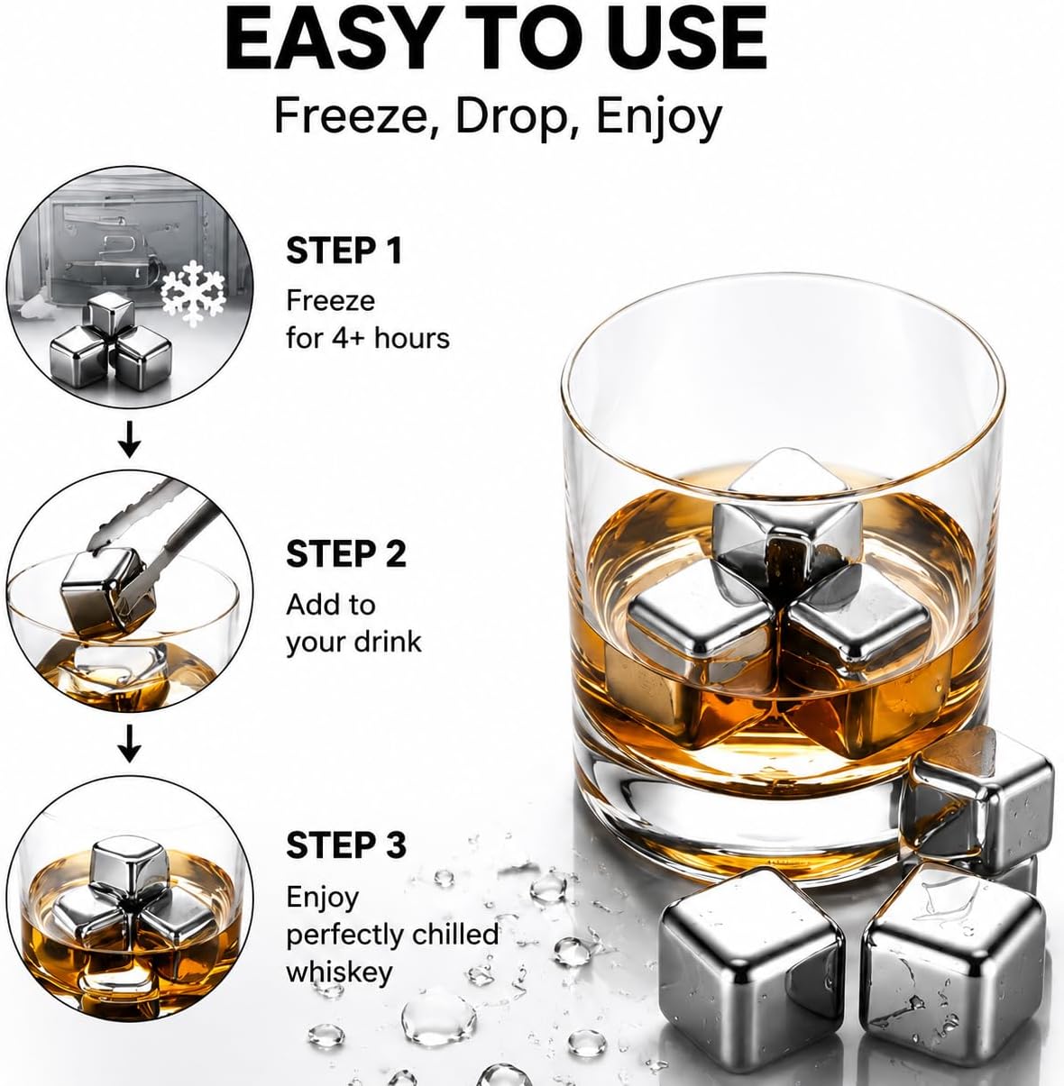 6 Pack Stainless Steel Whiskey Stones, Metal Ice Cubes Gift for Men