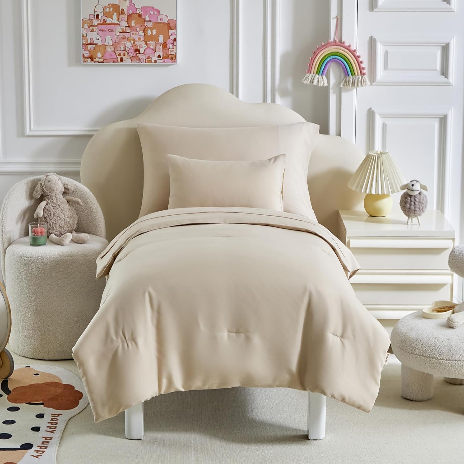 Kids Comforter Sheet Set - Soft and Breathable Bed Set Includes Quilted Comforter, Fitted Sheet, Flat Top Sheet, Pillowcase and Toddler Pillowcase for Toddler - 5 Pieces Toddler Bedding Set Beige