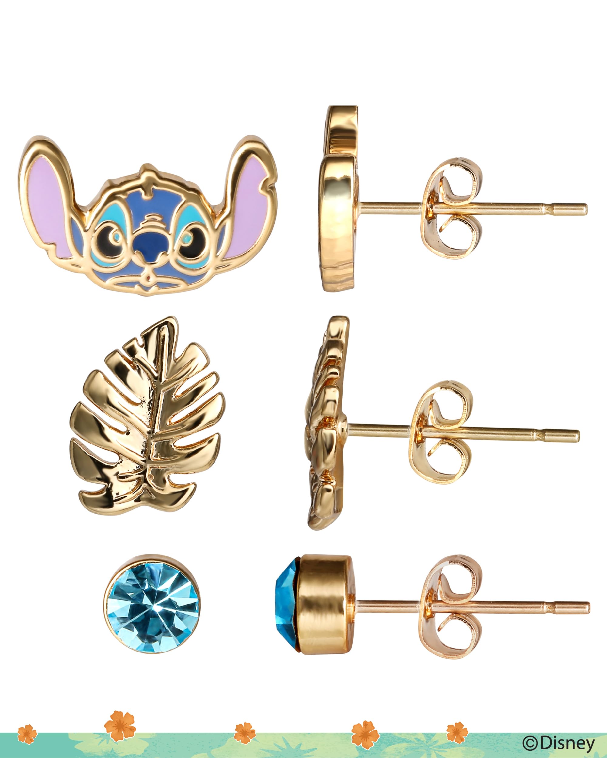Disney Stitch Girls - Juego de pendientes de 2 y 3 piezas, chapados en flash, juego de 2 o 3 aretes de punto para niñas, joyería oficial de Stitch