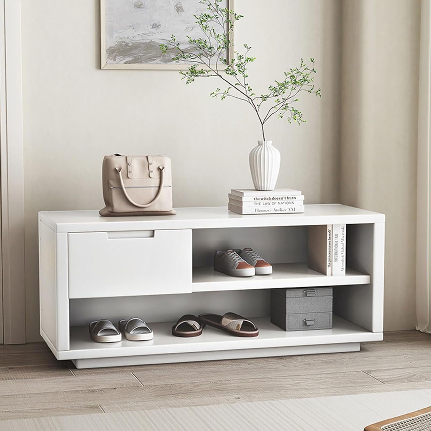 モダンなシンプルな靴ラックスツール、多層ストレージ靴交換スツール 無垢材 靴交換スツール ホームドア 靴履き 引き出し付きスツール 