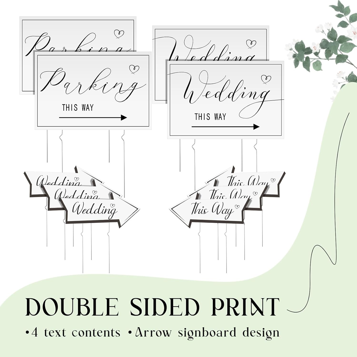 Wenqik 10 Pcs Wedding This Way Directional Parking Signs Include 4 Square and 6 Arrow Shaped Wedding Directional Parking Road Signs with Stakes, Large Double Sided (White,Classic)