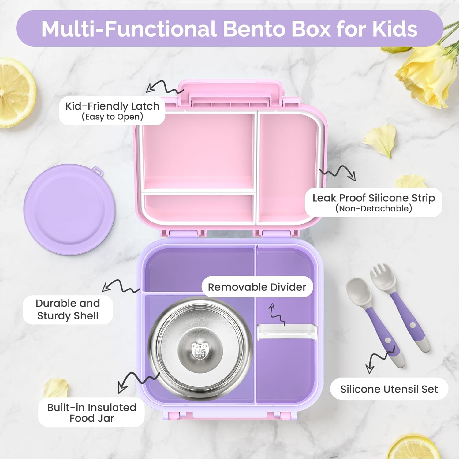 Bento Box for Kids with Soup Thermos(9oz)– Kid Bento Lunch Box with Leak Proof Insulated Food Jar, Hot & Cold Lunch Container Set for School Girls Boys, 4-Compartments, Pink/Purple