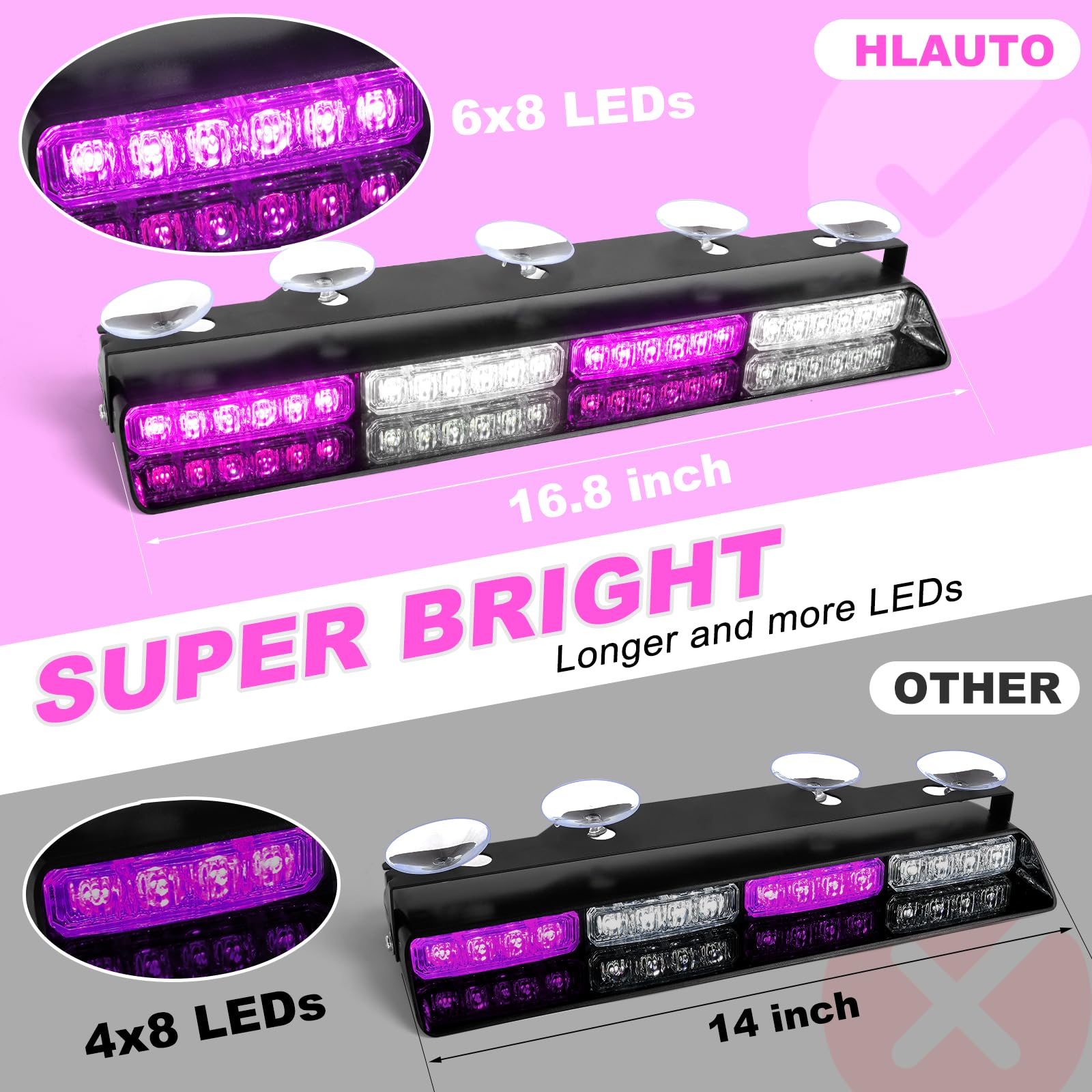HLauto 604N - Luces estroboscópicas de emergencia para salpicadero con driver: 2 x 16.8 pulgadas, luz de seguridad blanca morada con despegar, 48 LED de seguridad intermitente, peligro, barra de luz
