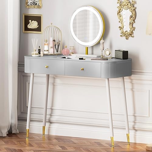 WinZo Mesa de tocador de 40" con espejo y luces, pequeña mesa de maquillaje con 2 cajones de almacenamiento y estación de carga, elegante mesa de
