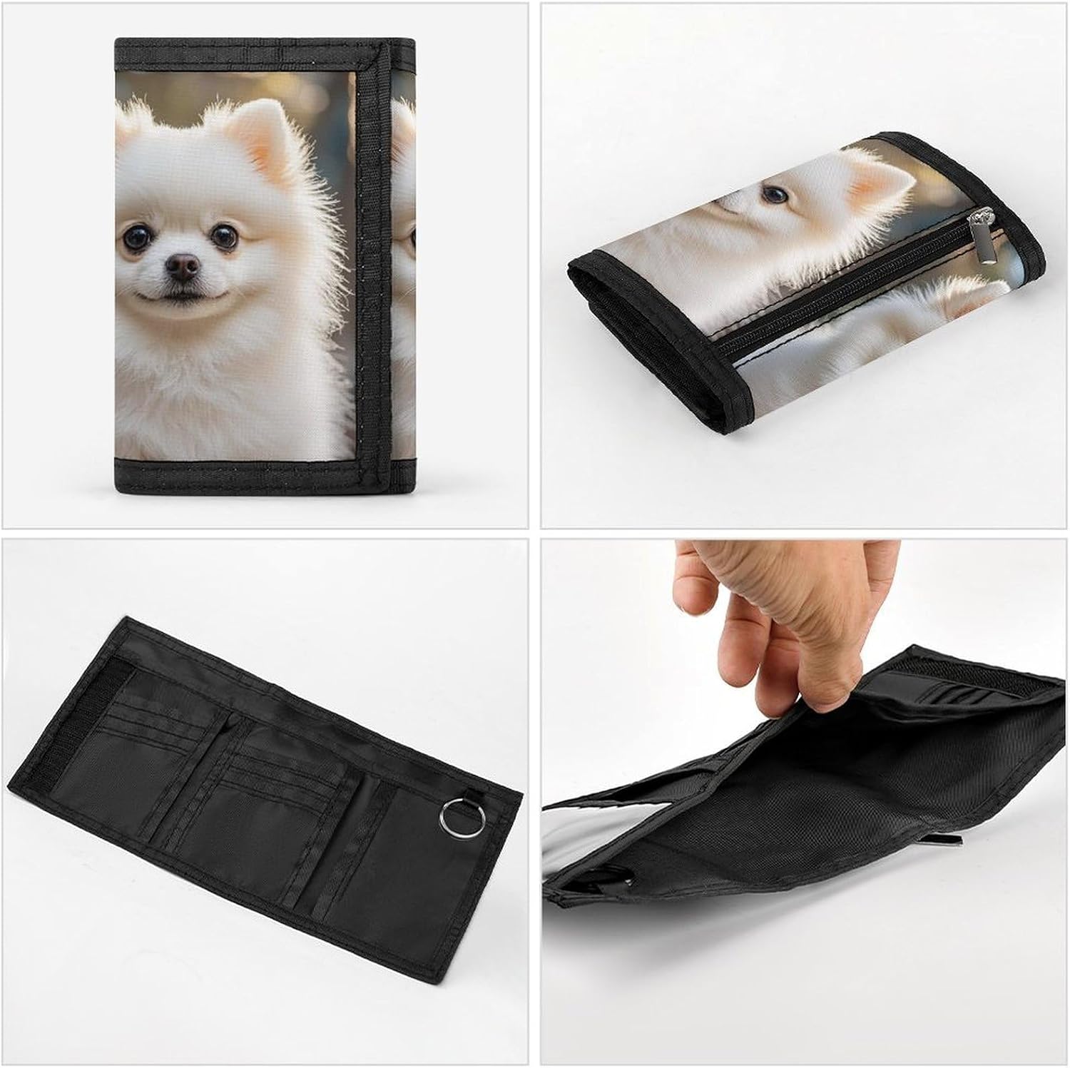 Trifold Canvas Wallet with Keychain, Modern Fashion Credit Card Holder Wallet for Men Women, Cute Pomeranian Dog Slim Wallets W/Zipper Coin Pocket, Novelty Birthday Gift