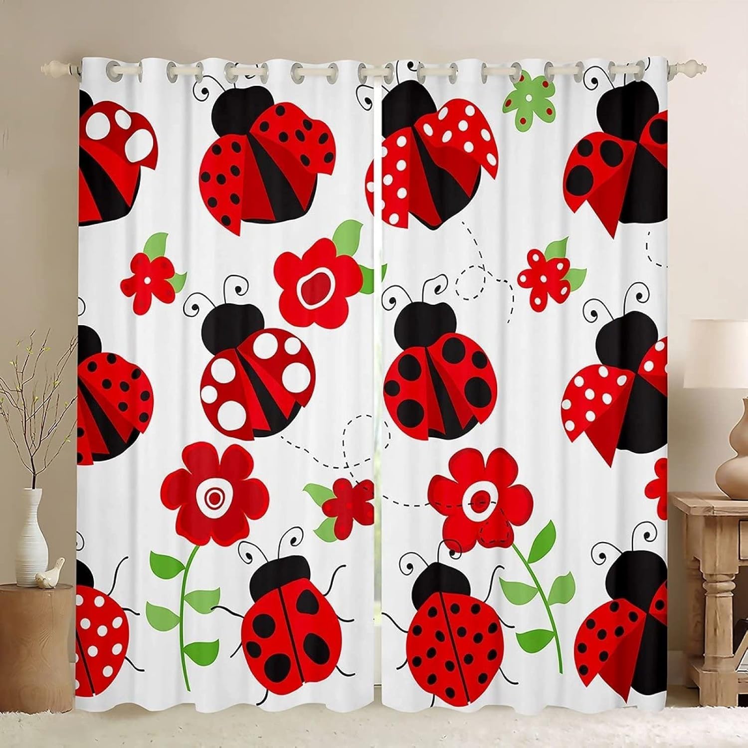 Ladybug Bug Kids Blackout Curtains, Red Floral and Animal Window Treatment Set, Grommet Curtains for Living Room/Bedroom, Heat Insulation Noise Reduction Drapes (63" W x 72" L)