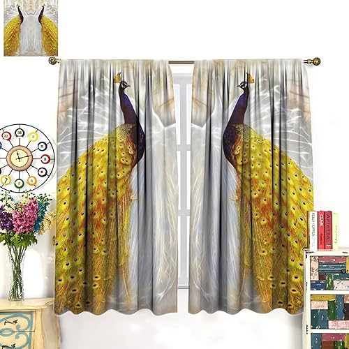 Miniatura 228 de Cortina opaca con estampado de pavo real, con estampado de animales retro, con bolsillo para cortinero y flores de peonía doradas, para dormitorio,