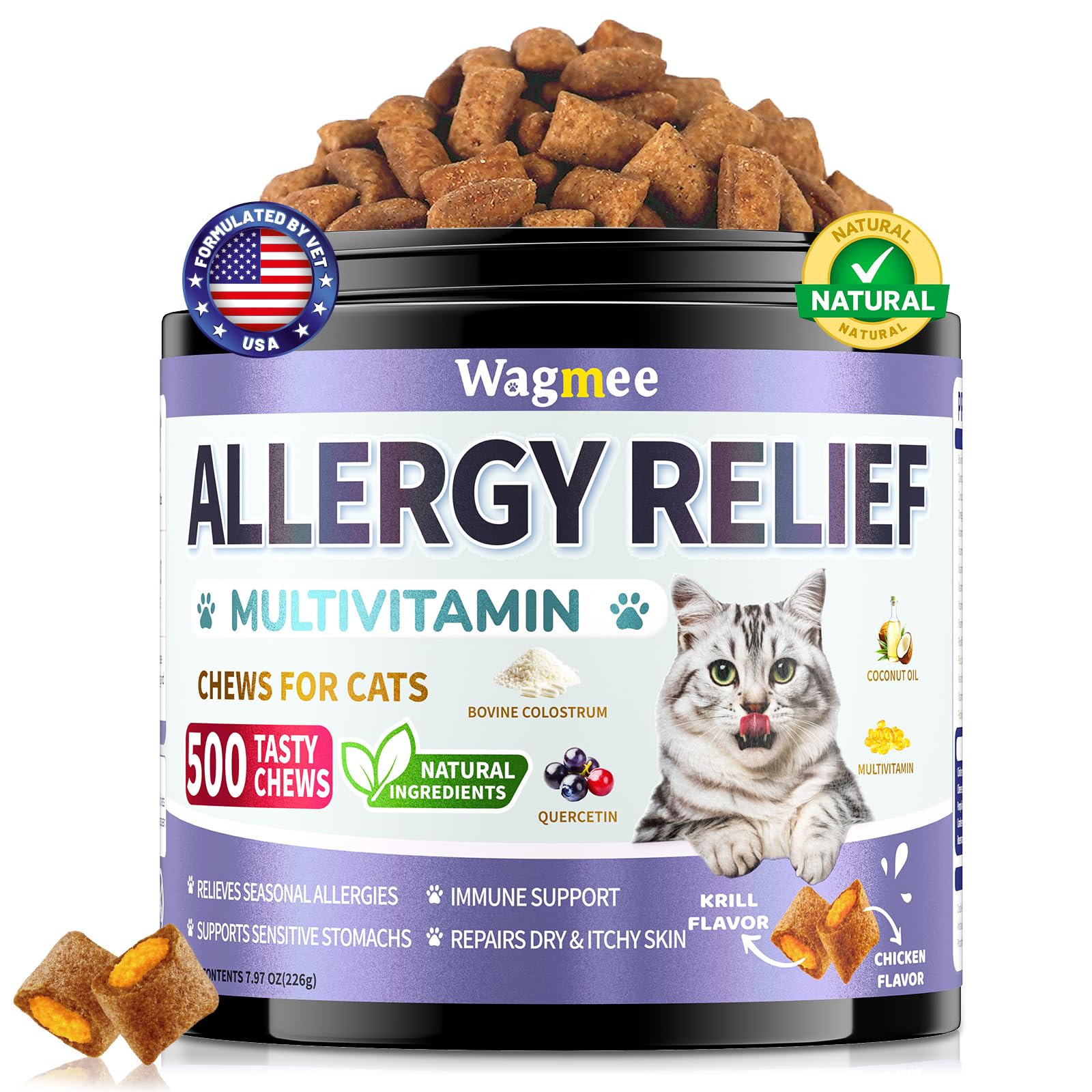 Cat Allergy Relief Chews – 500 Crunchy & Creamy Treats for All Breeds – Cat Itchy Skin & Seasonal Allergy Relief with Multivitamin and Omega-3 for Skin Health, Chicken & Krill Flavor