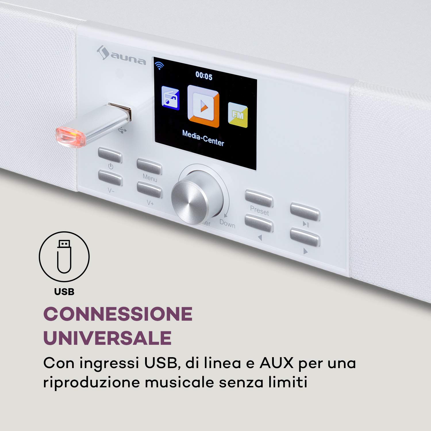 AUNA Stealth Base - Connect Soundbase, 2x15 W + 30 W RMS, Radio Web/DAB+/FM, Bluetooth, AirMusic Control App, Display LC da 2,8", Porta USB, Ingresso Line, Bianco