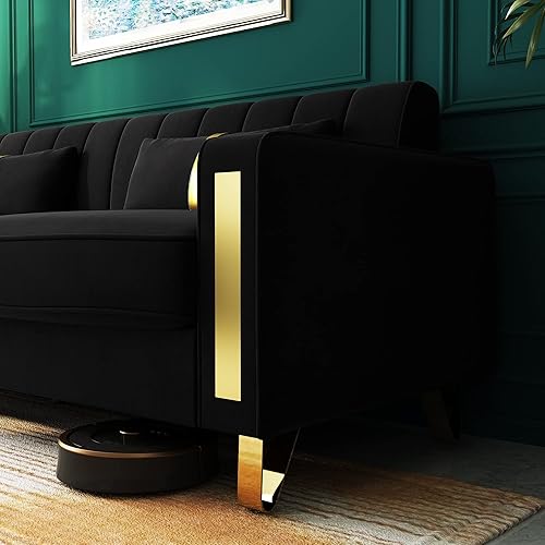 Miniatura 4 de Sofá cama modular de tela de terciopelo de 85.62 pulgadas, 3 asientos, fácil de montar con 2 almohadas de sofá, patas de metal dorado para sala de