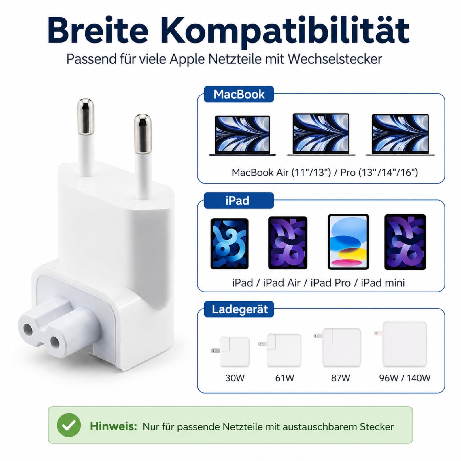 VIEVRE 2 sztuki adapter AC wtyczka europejska, wtyczka UE do zasilacza Apple wtyczka zamienna do MacBook, iPada, ładowarki, konwertera, złącze zastępcze