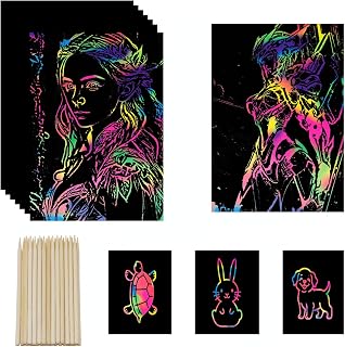 wiwbbitl Rainbow Scratch Paper Bulk - 100 Rainbow Scratch Art Sheets(5"x7.3") with 26 Bamboo Stylus Pens - Mess Free Arts for Kids and Crafts Supplies for Classroom, Party, Travel, Stress Relief