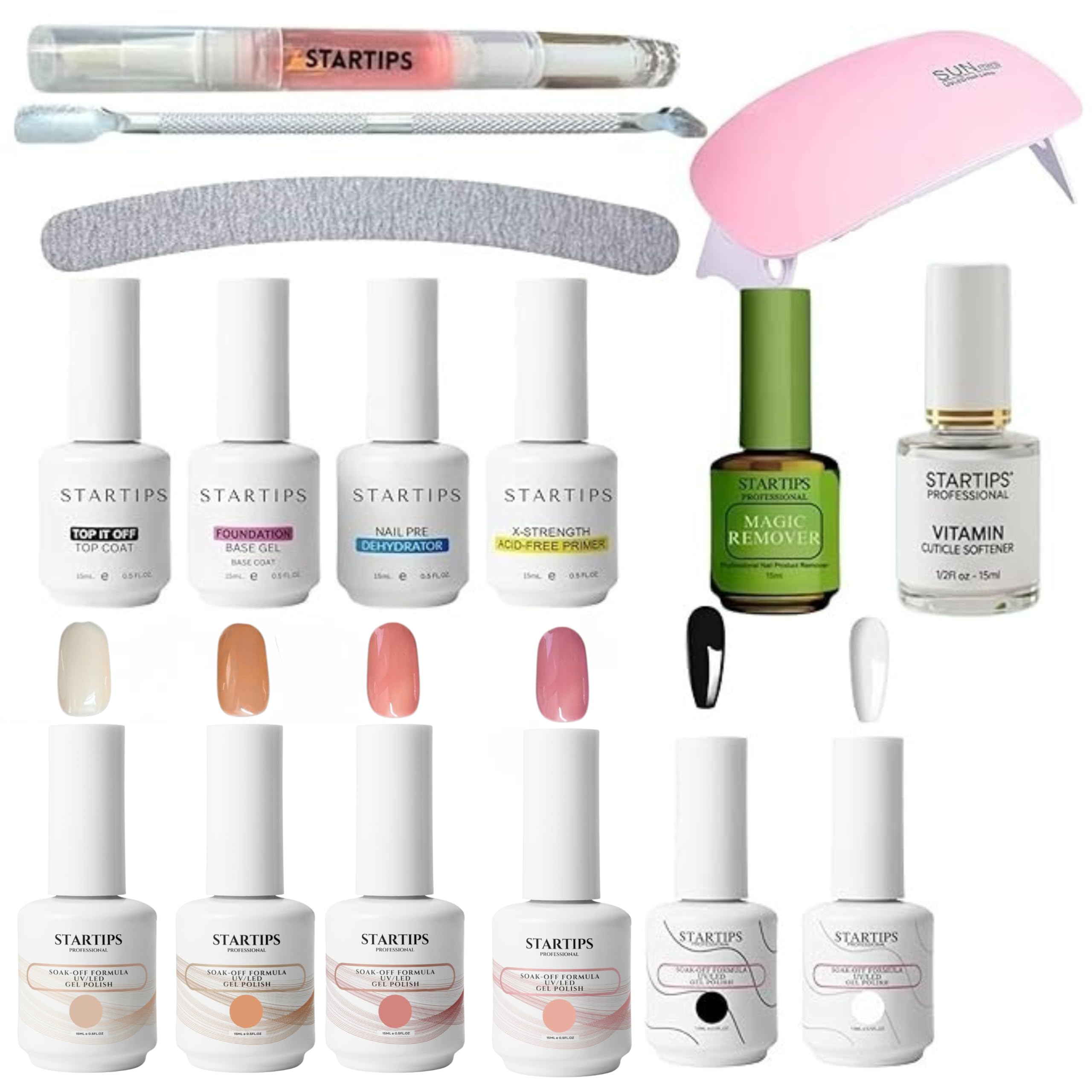 Startips Nail Art Kit with 4 Nude Polishes, Black & White Polish, Magic remover & Cuticle Softner / Remover, UV Lamp, Top & Base Coat, Primer, Dehydrator, Nail Filer, Cuticle Pusher & Oil - Set of 16