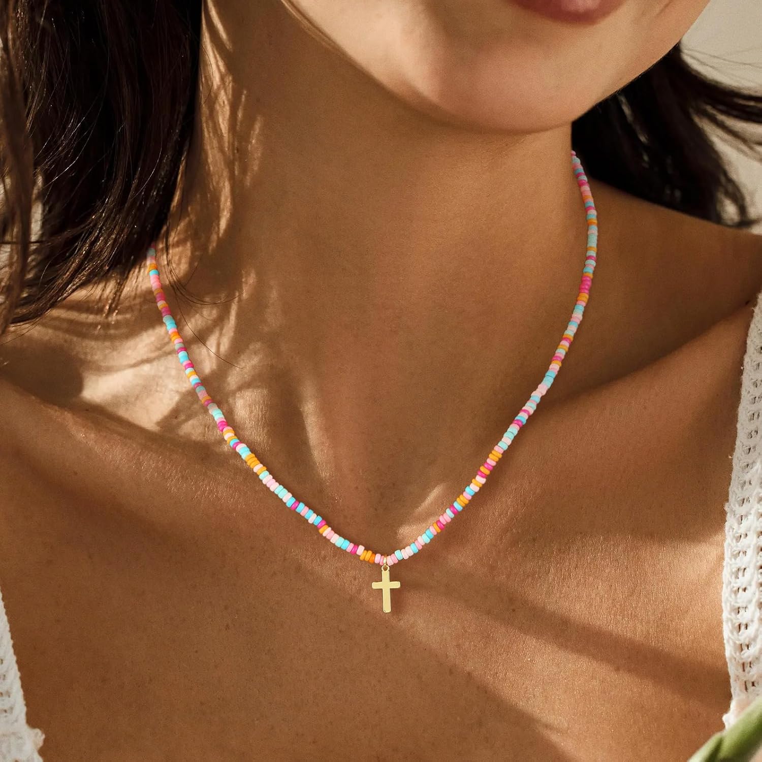 ASCOMY Gold Necklace for Women 14K Gold Plated Cross Necklace Dainty Necklaces Colorful Beads Choker Pearl Cross Pendant Necklaces Simple Charm Cute Choker Minimalist Religious Jewelry for Women