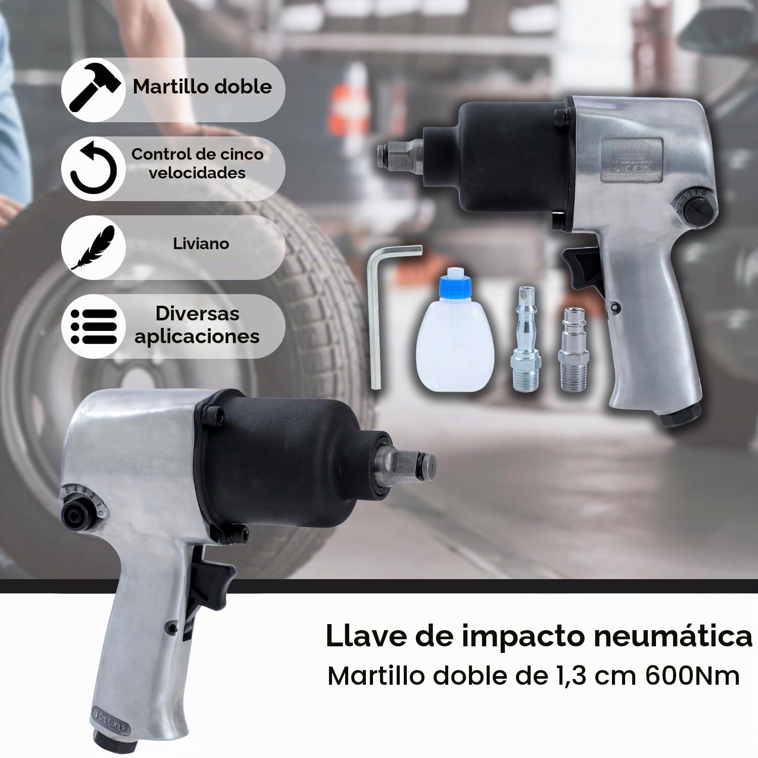 ORAZIO Llave de Impacto Neumática 1/2" 600 Nm Máximo Twin Martillo Pistola Impacto Aire para Garaje Coche Camión de Pernos Rueda Instalación Extracción (Budget)