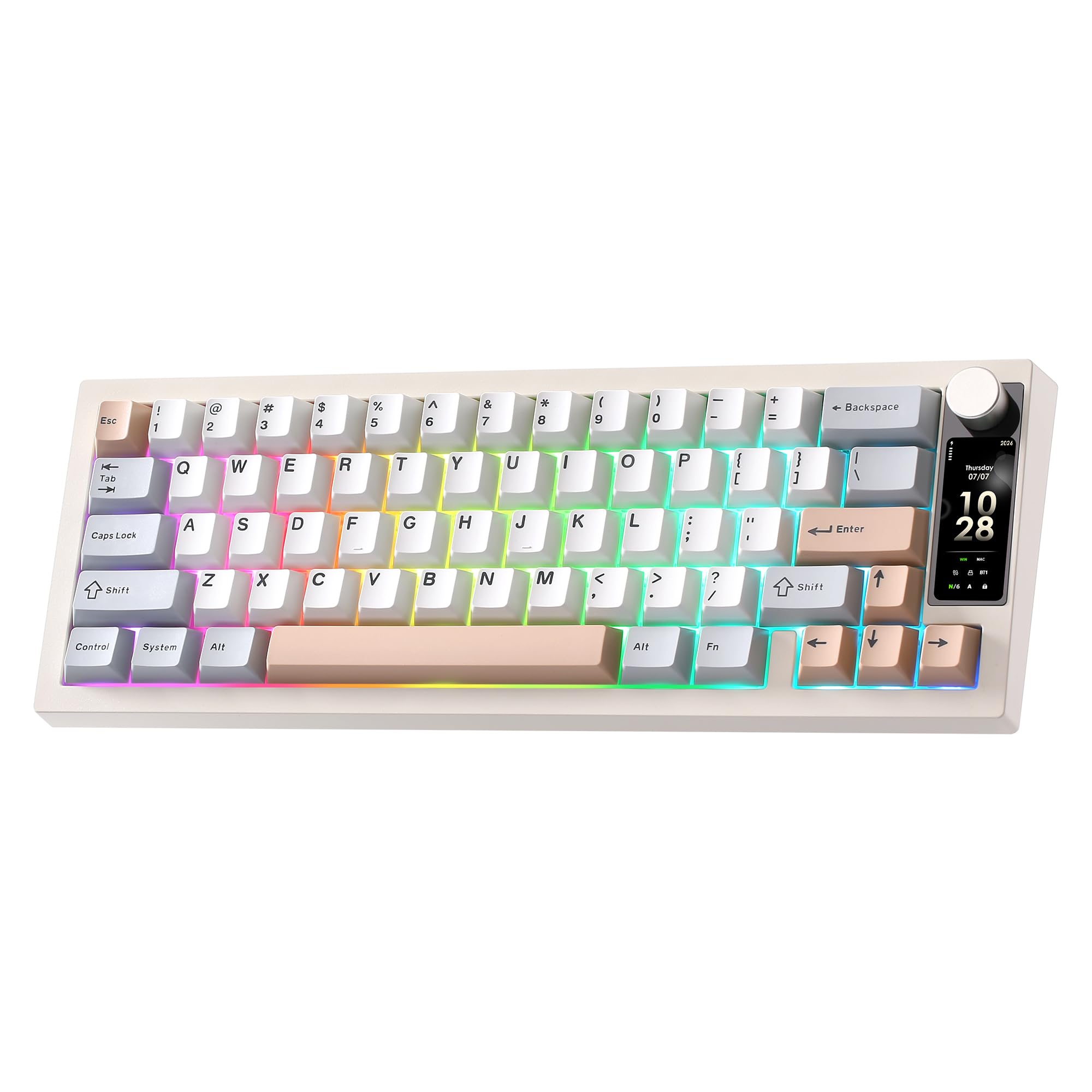 YUNZII IF68 QMK/Via Clavier Gamer Mécanique sans Fil (Beige, Candy) | Format 65% avec Écran TFT et Bouton Rotatif, Bluetooth/2.4G/Filaire, Hot-Swap, PBT, RGB, QWERTY, pour PC/Mac
