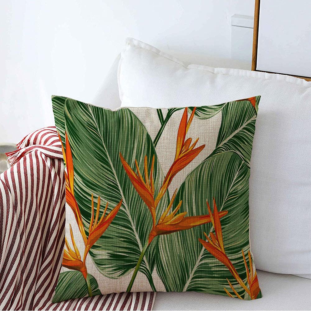 Throw Pillow Cover Farmhouse Pretty Tropical Colorful Flowers Palm Leaf Summer Leaves Beach Jungle Garden Bird Paradise Nature Linen Decorative Square Pillowcase for Couch Bed 20 x 20 Inches