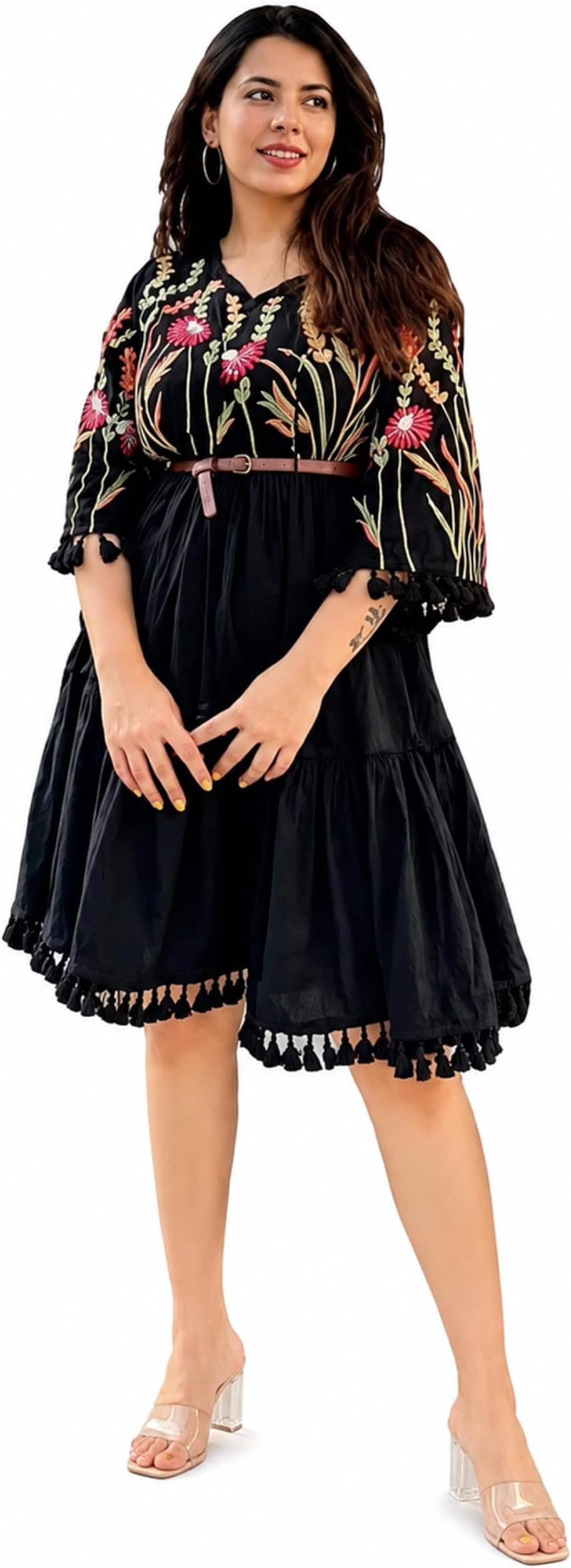 Women's Viscose Rayon Floral Embroidered Knee Length Dress | V Neck | 3/4 Embroidered Sleeves | Lace Hem | Leather Belt | Boho Casual Western Dress for Women