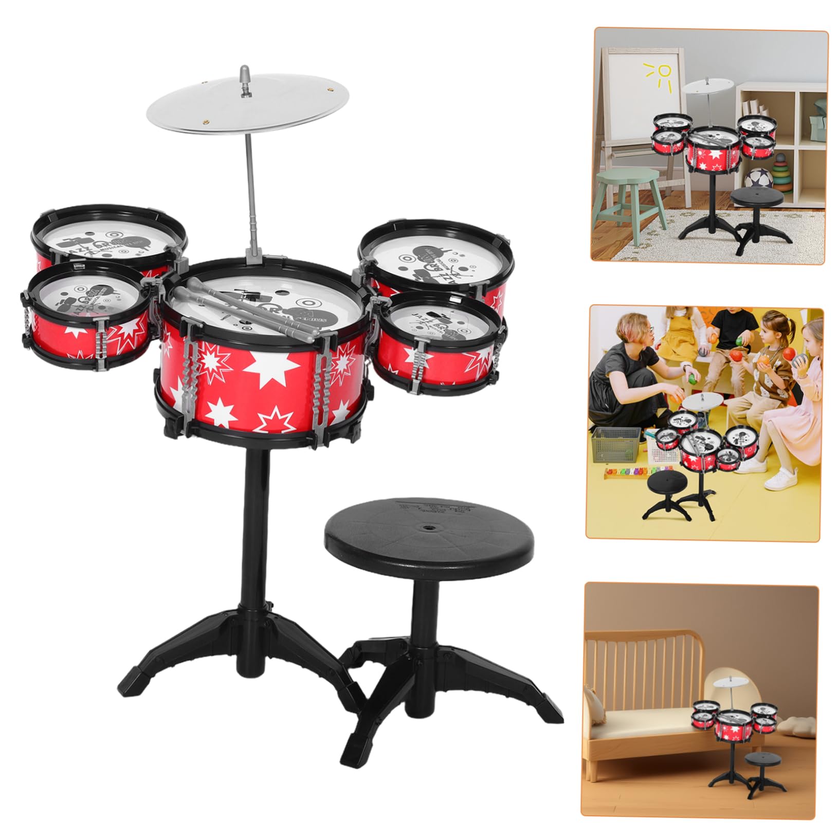 Kit Tamburo da Bambino Rosso in Plastica per Bambini | Set Mini per Principianti, Costruzione Robusta, Giocattolo Multifunzione per Ragazzi e Ragazze