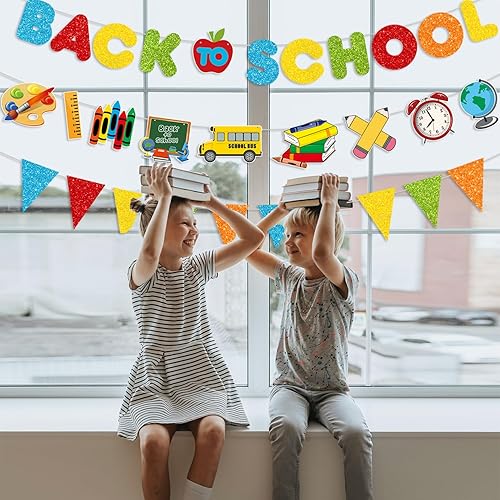 Miniatura 5 de Pancarta colorida con purpurina para el regreso a la escuela y patrón para el primer día de escuela, guirnalda de aula con tablero de dibujo de