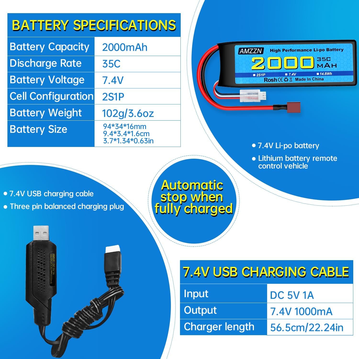 2S T Plug Lipo Battery 7.4V 2000mAh 35C with USB Charging Cable for RC Car,Truck Model Car,Remote Control Ship,RC Quadcopter Qircraft,FPV Drone Battery