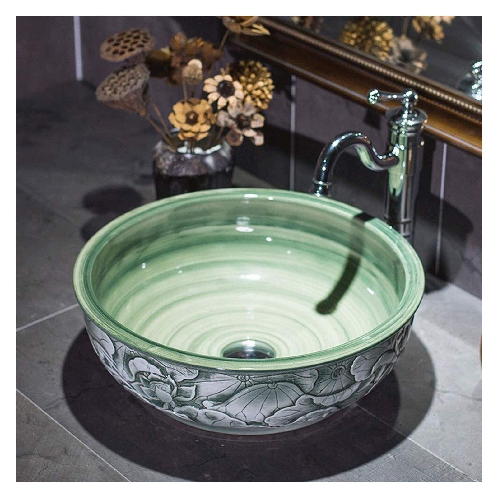 Sddpulse Green Bathroom Basin Vessels Sink Countertop Basin, Countertop Porcelain Basin Sink Ceramic Above Counter Bathroom Vessel Sink, 2Cm