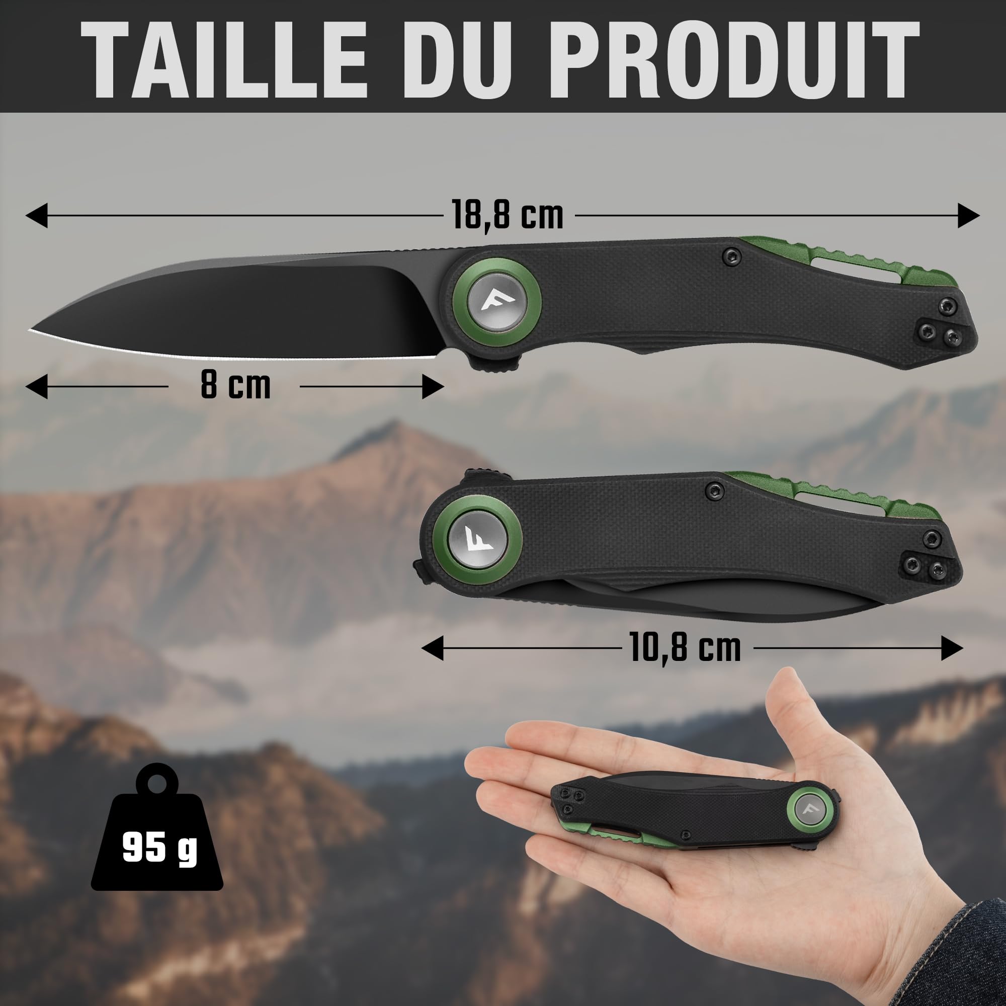 FLISSA Couteau Pliant EDC en Acier D2 avec Manche G10 Noir et Accents Vert Olive, Couteau Compact à Lame Noire 8 cm pour Camping, Randonnée et Usage Quotidien
