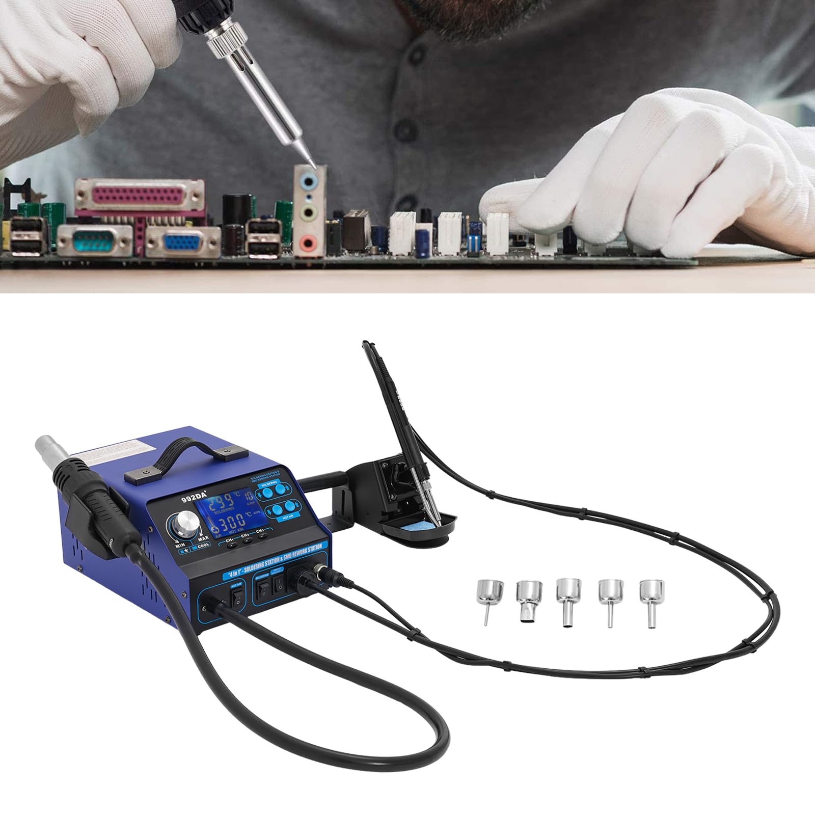 Stacja lutownicza, 780 W, stacja lutownicza na gorące powietrze, zestaw stacji lutowniczych z wyświetlaczem LCD, 992DA+ 4 w 1, cyfrowa stacja lutownicza LCD, stacja rozlutownicza