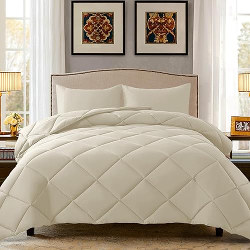 ELNIDO QUEEN Juego de edredón de tamaño matrimonial, edredones y juegos de ropa de cama beige para todas las estaciones con 2 fundas de almohada,