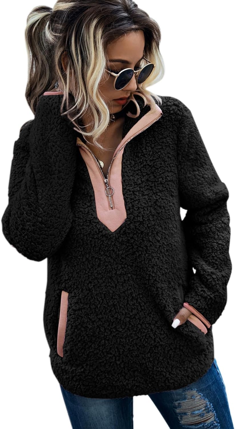 AQOTHES Womens Loose Casual Zipper Sherpa Fleece Pockets Pullover Sweatshirt for Women
