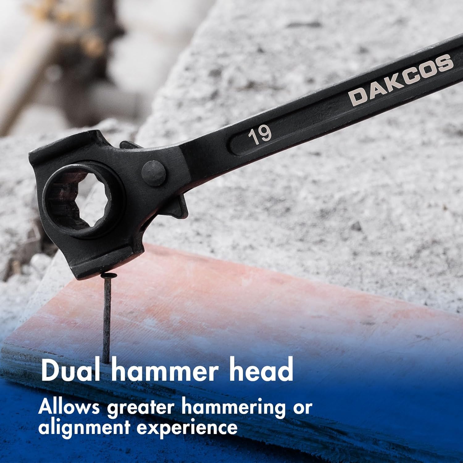 DAKCOS 3/4" x 7/8" Ratchet Spud Wrench with Hammer Head, 12 Point Double Ended Socket Ratcheting Podger Scaffold Wrench, Black