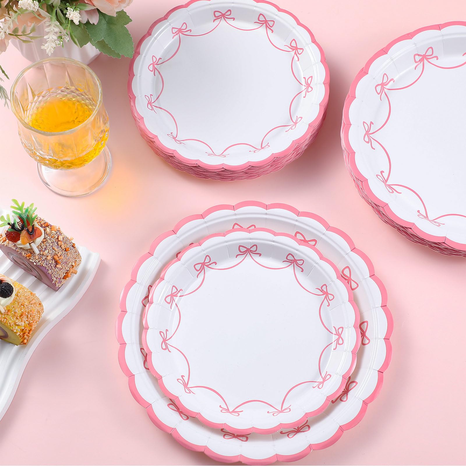 Rosa Schleifen Partygeschirr-Set – 48 Teller 17,8 Cm – Für Junggesellinnenabschied, Babyparty, Verlobung & Geburtstag – Kokettes Design