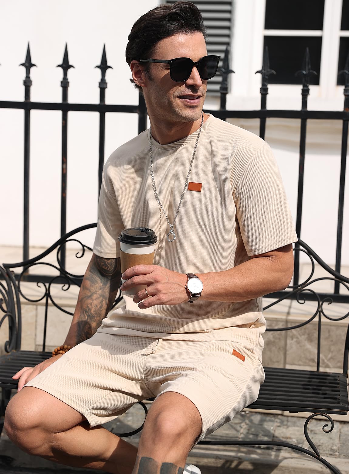 Herren 2-Teilig Waffelstrick Trainingsanzug Set Kurzarm T-Shirt & Shorts Freizeit Sommer Loungewear Outfit