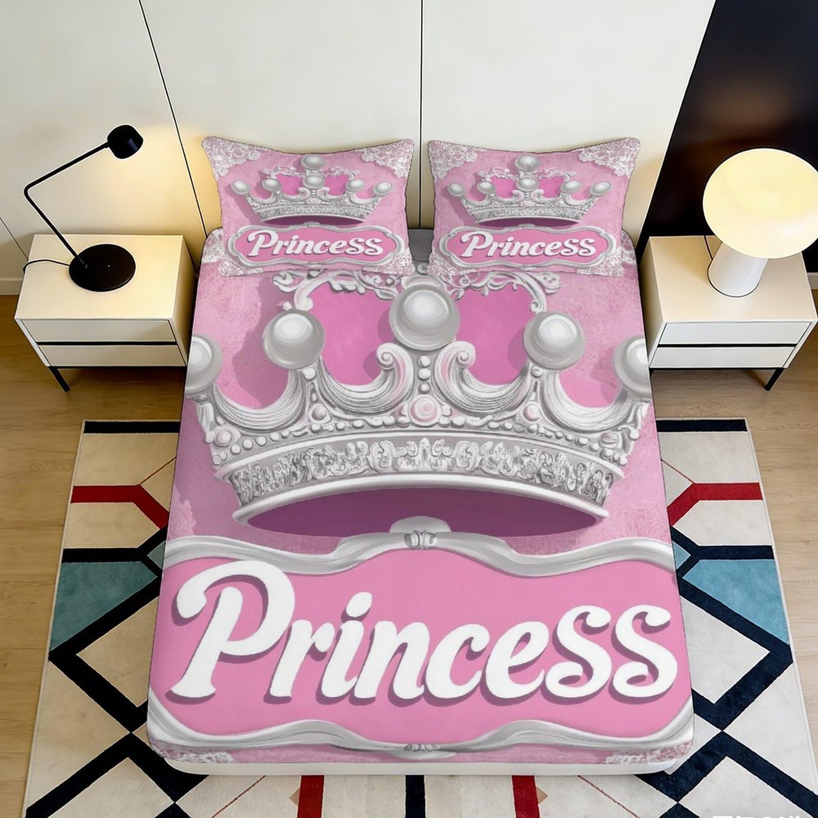 Pnayamiorkfel Style-1 3D Printed Pink Princess Crown Fitted Sheet Microfiber Soft Decorative Bed Cover For Bedroom Guest Room Dorm Mattress Protection 90X200x25cm