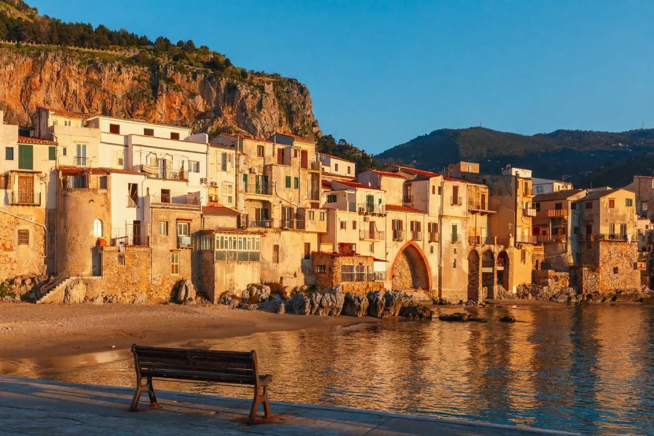 adrium Poster-Bild 120 x 80 cm: Schöne Aussicht auf alte Häuser in der Küstenstadt Cefalu bei Sonnenuntergang, Sizilien, Italien