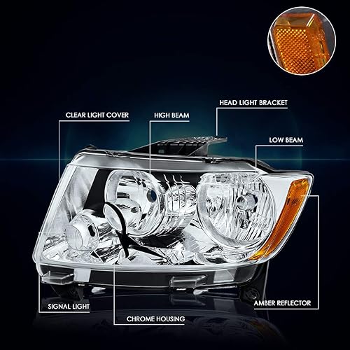 Miniatura 3 de PM PERFORMOTOR Conjunto de 2 faros halógenos compatibles con Jeep Grand Cherokee 11-13, carcasa cromada, esquina ámbar